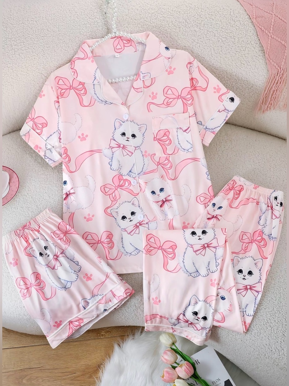 Women’s Cat Print 3 piece Pajama Set - Short Sleeve Top + Shorts & Pants New